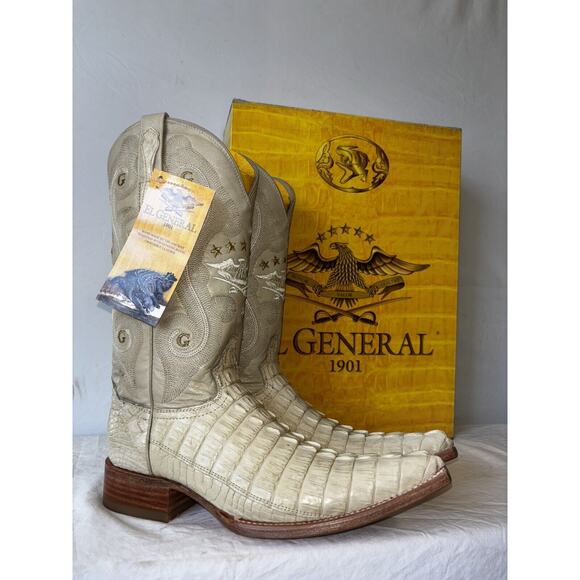 El General Cowboy Boots Exotic Leather Ivory Croc Back Mens Sz 6.5 - Picture 1 of 11